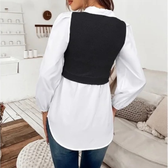 Solid Vest Over Shirt Button Detail Collar Blouse - Picture 6 of 8